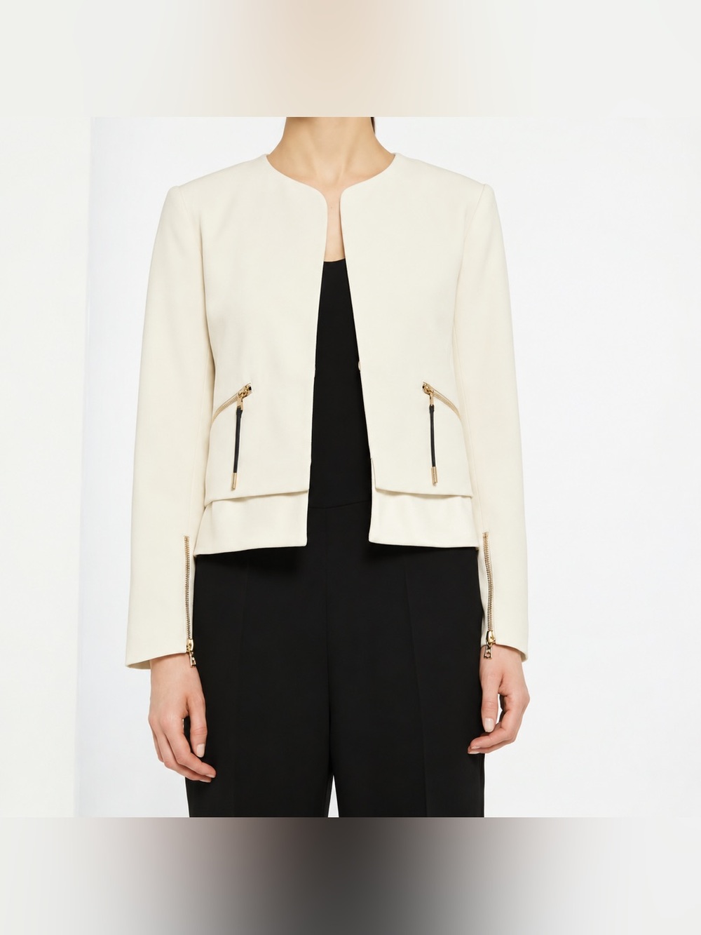 Sandro Paris Ivory Cropped Collarless Zip Jacket Blazer Size 38